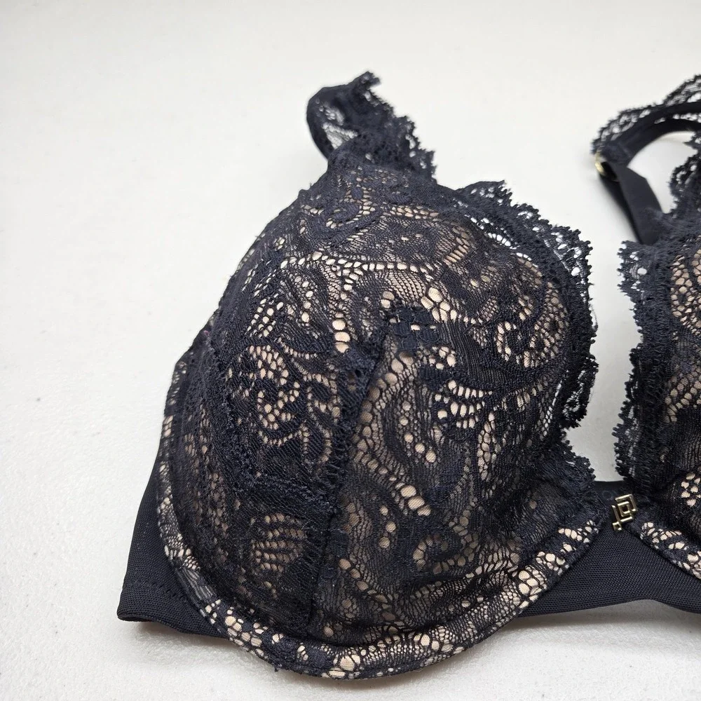 Thirdlove Women Bra 32F Black Outer Beige Lining Floral Balconette